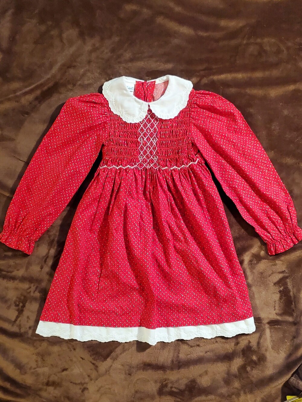 Polly Flinders Vintage Floral Smocked Dress Peter Pan Collar Lace Hem Size 6